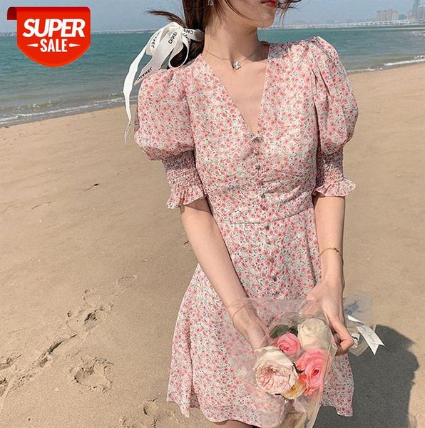 

[manor holiday floral dress] french retro style v-neck puff sleeves small fresh short skirt #tg3y, Black;gray