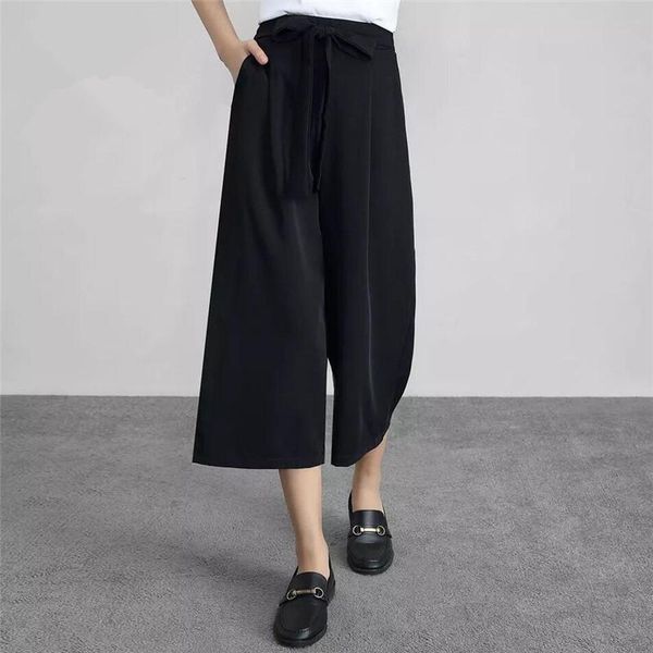 

women's pants & capris large sizeleisure wide leg black female calf-length high waist summer loose casual straight trousers plus size 7, Black;white