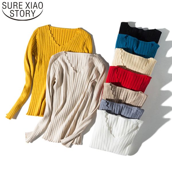 

autumn/winter sweaters long sleeve v-neck knitted sweater casual solid soft thin women winter clothing 5798 50 210415, White;black