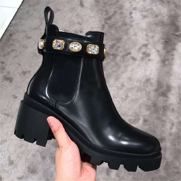 

luxury brand women boots fashion crystal decoration single platform shoes chelsea laarzen designer rb77, Black
