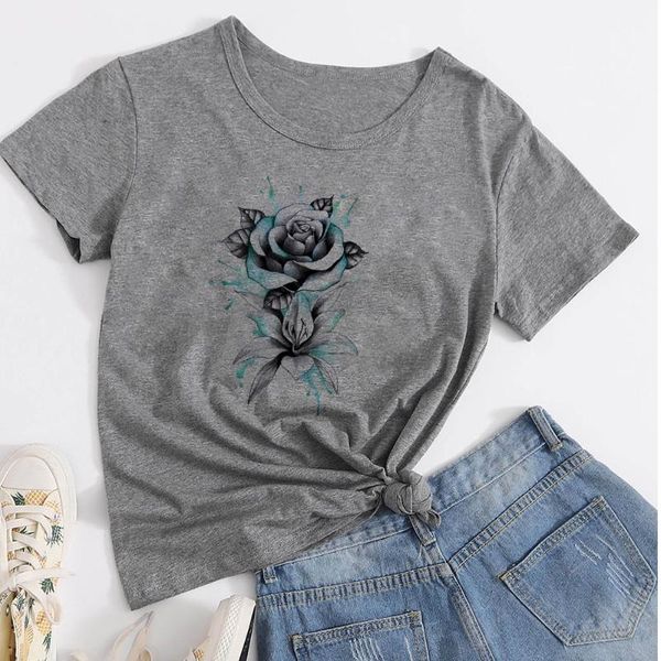

women's t-shirt nimation aesthetic refreshing t shirt women streetwear minimalism pretty beautiful blue rose graphic, White