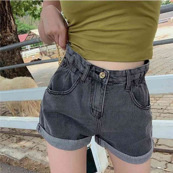 

denim curled elastic waist basic women short solid zipper pocket jeans summer fashion casual ladies bottom, White;black