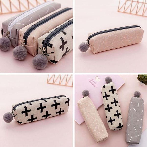 

pencil bags plush ball case for girls cute canvas cosmetic bag pen stationery pouch box kids gift office supplies
