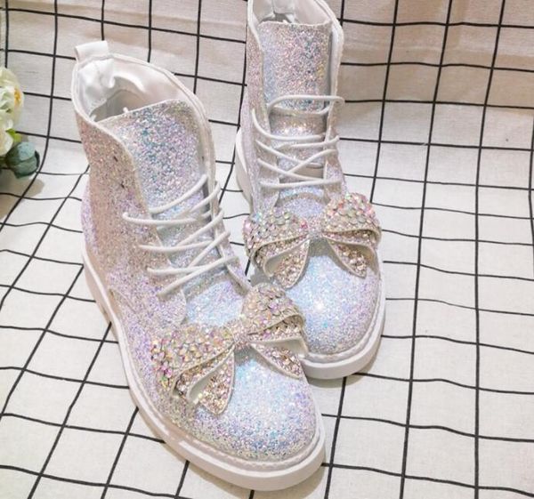 

rhinestone bow cute spring single sequins tide brand boots non-slip heightening, Black