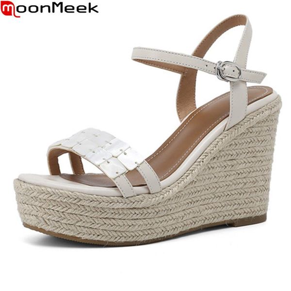 

moonmeek 2021 genuine leather sandals women fashion wedges platform party wedding shoes summer ladies high heels, Black