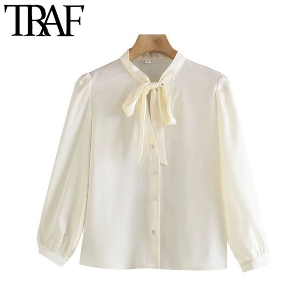 

women fashion faux pearl buttons cozy blouses vintage bow tied collar three quarter sleeve female shirts chic 210507, White