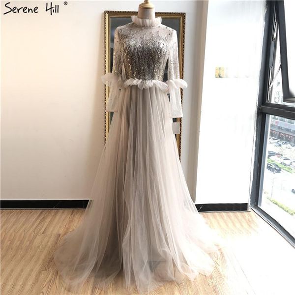 

party dresses gold o-neck beading crystal evening dressese long sleeves a-line gowns design 2021 serene hill la70147, White;black