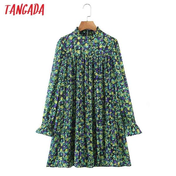 

women green flowers pleated stand neck long sleeve ladies vintage mini dress vestidos 8h81 210416, Black;gray
