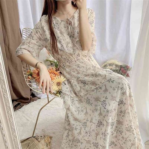

summer french gentle restoring floral chiffom pleated mid length dresses 210416, White