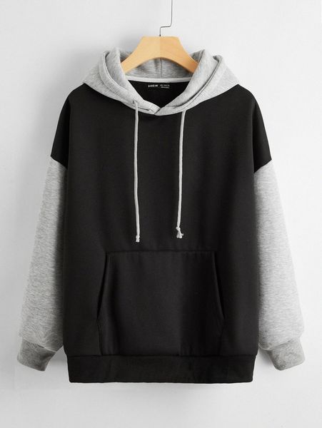 

colorblock kangaroo pocket drawstring hoodie h4oe#, White;black