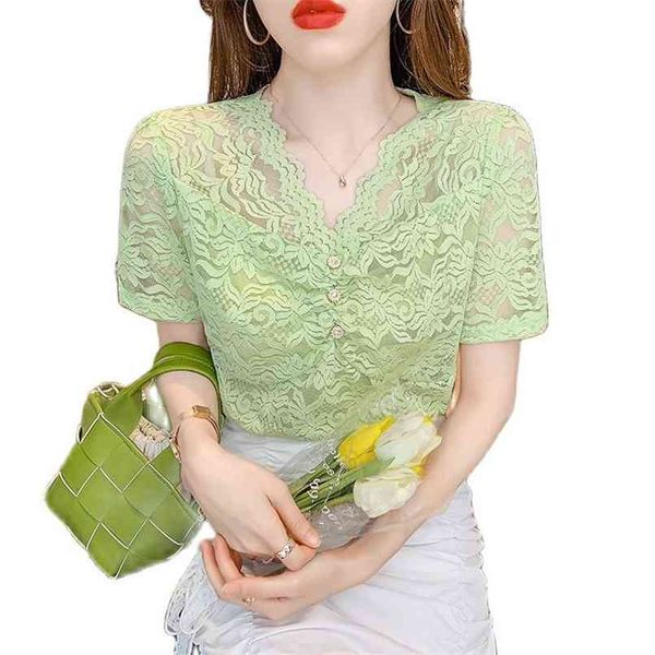 

fashion women's lace shirt summer v-neck hollow t-shirt short sleeve tight ladies' 210520, White