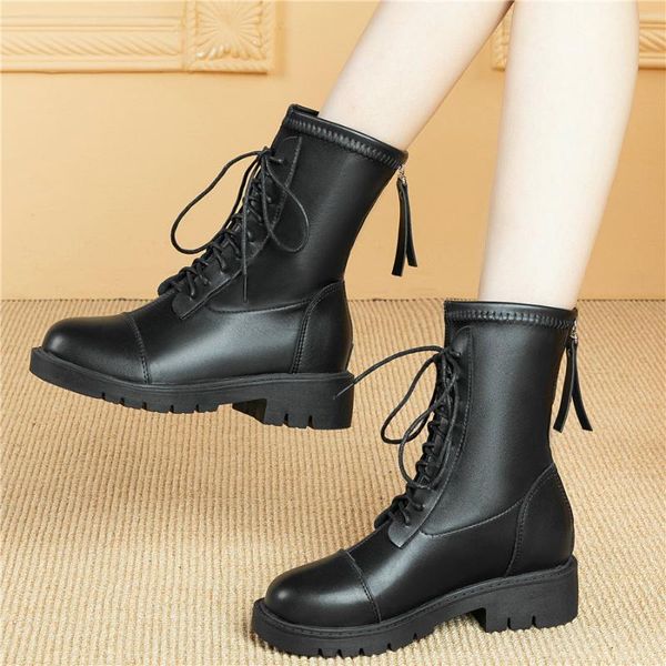 

boots casual shoes women lace up genuine leather low heel riding female high round toe ankle platform oxfords, Black