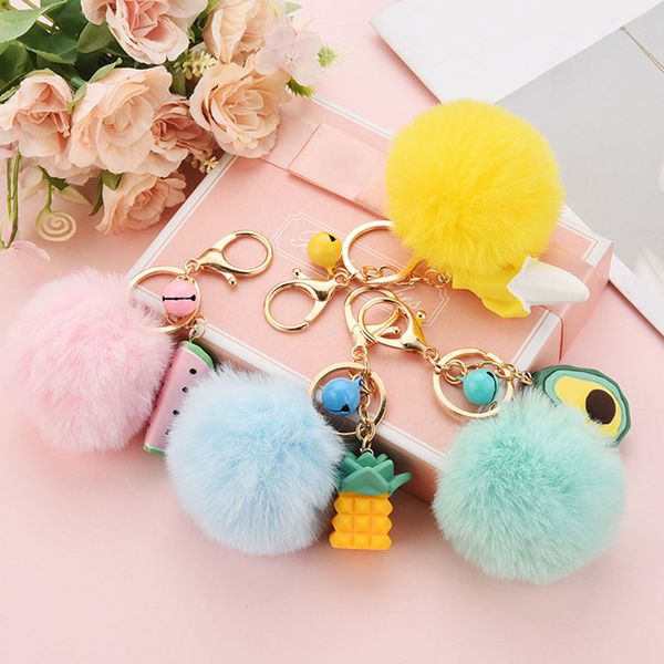 Süße Faux Pelz Pompom Keychain Flauschige Tasche Charms Anhänger Schlüssel Ring Zubehör Frauen Mädchen Harz Wassermelone Avocado Obst Schlüsselanhänger