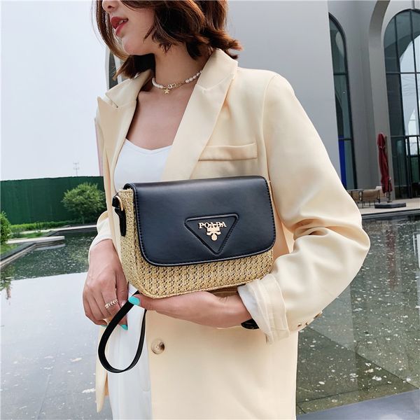 

wholesale p 2021 fashion simple straw and versatile small square color contrast hand woven bag single shoulder messenger bag y luxurys desig