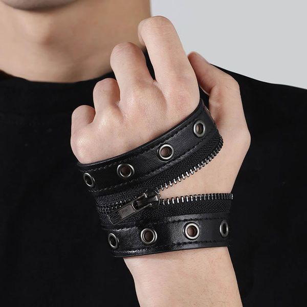 

charm bracelets creative leather bracelet men women rivet chain punk jewelry cowhide braslet round hole middle zipper wide braclet pulseras, Golden;silver
