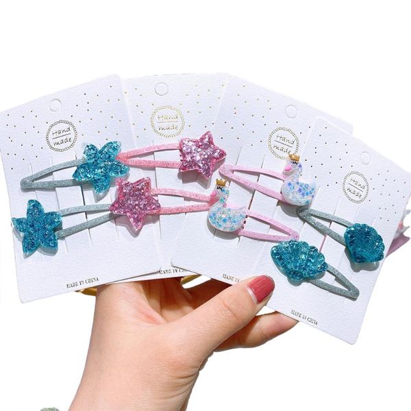 

2pcs in girls glitter epoxy shell starfish swan hair handmade snap bb bang clip hairpins accessories decoration super quality, Slivery;white