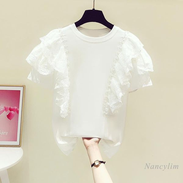 

women's t-shirt white cotton tshirt women heavy handmade beaded lace ruffled stitching round neck short-sleeved t-shirts female summer