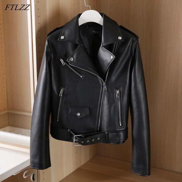 

women's leather & faux ftlzz 2021 spring women short jacket with belt streetwear pu turndown collar moto biker black coat autumn outwea