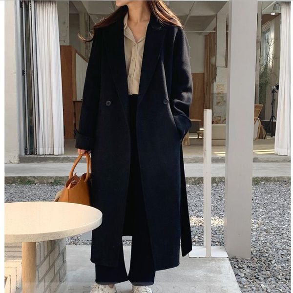 

women's wool & blends fashion autumn double-faced woolen coat women spring black long jacket with belt clothing manteau femme hiver gmm