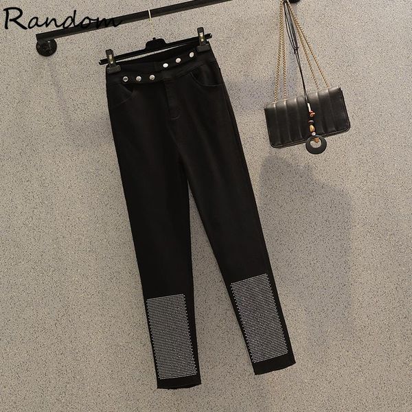 

large size black pencil pants capris women waist elastic skinny rhinestone trousers female plus pantalon femme women's &, Black;white
