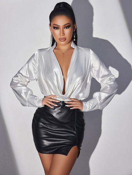 

sxy plunging neck satin blouse y1rl#, White