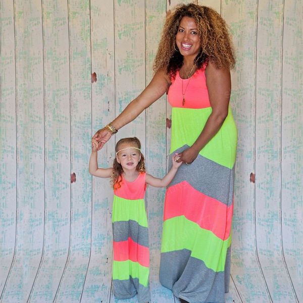 

family matching outfits mother daughter dresses child clothing girls clothes cotton summer striped long kids beach dress, Blue