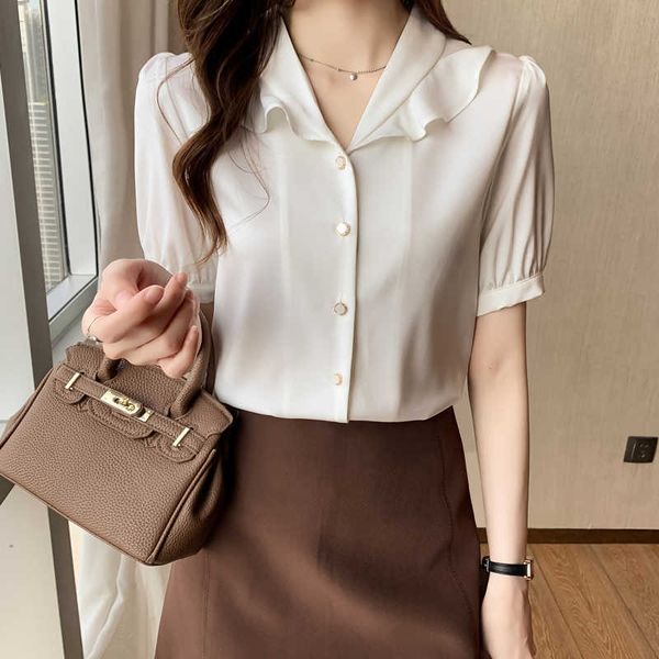 

summer korean silk women blouses satin office lady shirts elegant short sleeve woman shirt plus size xxxl blusas mujer de moda 210531, White