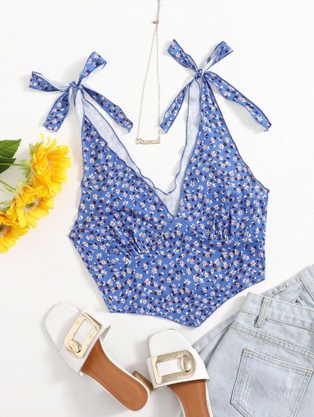 

ditsy floral tie shoulder rib-knit tank i2ft#, White