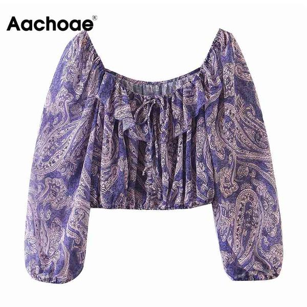 

aachoae sweet women printed cropped blouses bow tie ruffles chic female lantern long sleeve chiffon blouse shirt 210413, White