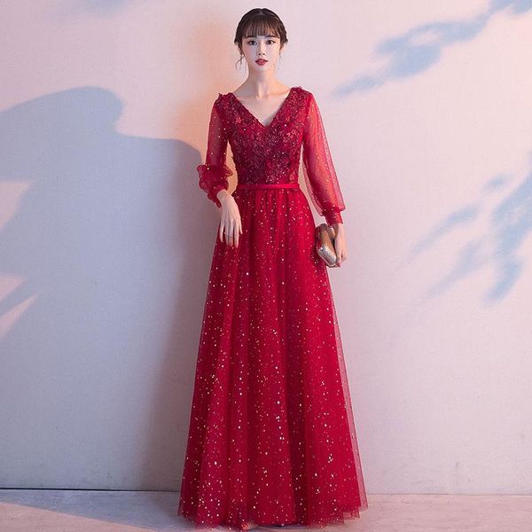 

wine red prom dress applique long lace sleeve dresse women party nightdress embroidery tulle vestidos de gala plus size 4xl ethnic clothing
