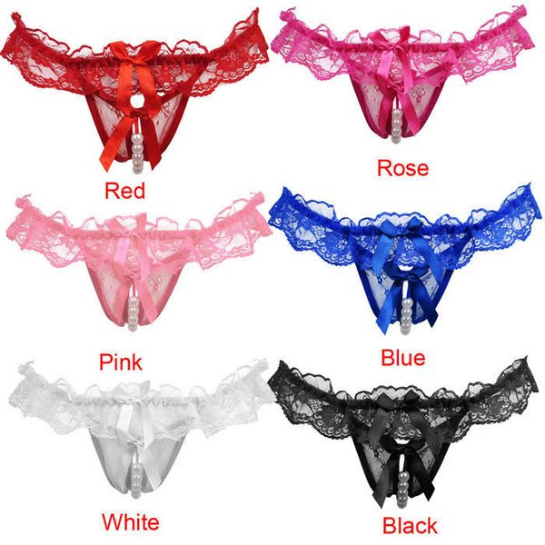 

women girl gauze bowknot beads lace panties knicker thong lingerie with pearls massaging underwear #w3, Black;pink