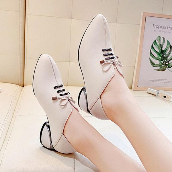 

leather shoes woman mid heels women casual shoe korea style block heel slip on footware for office lady beige dress, Black