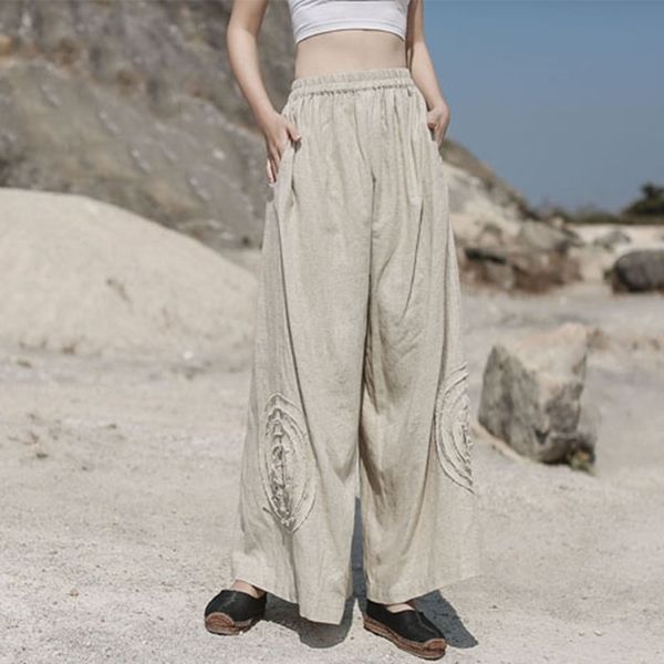

johnature women vintage linen wide leg pants elastic waist spring pockets trouser loose chinese style casual pants 210521, Black;white