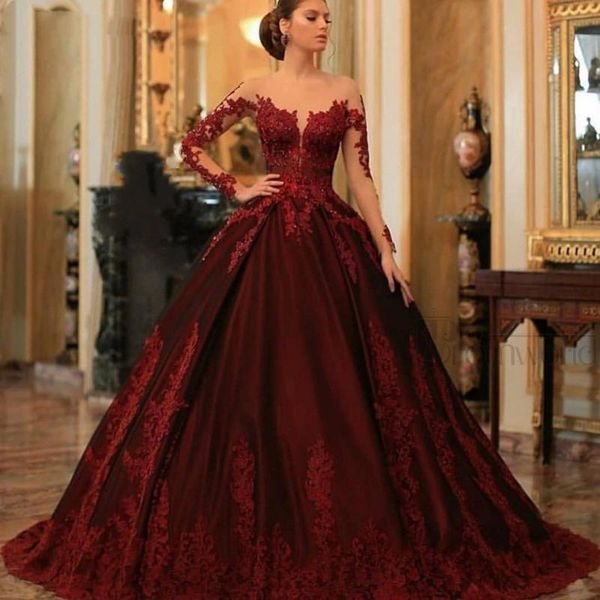 Vestidos de noite luxuosos cor de vinho Ilusão Gola de joia mangas compridas Vestido de baile linha A Renda apliques tamanho grande Roupões formais De Soir￩e