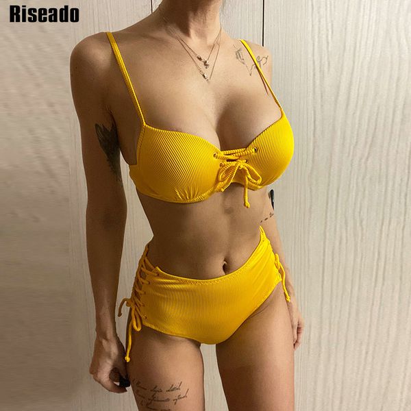 

riseado high waisted bikinis push up swimsuit yellow lace up swimwear women ribbed 2021 bikini set strap beachwear 210319, White;black