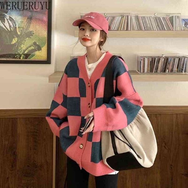 

werueruyu v-neck plaid sweaters knitted pullover winter long sleeve thick soft warm women sweater 210608, White;black