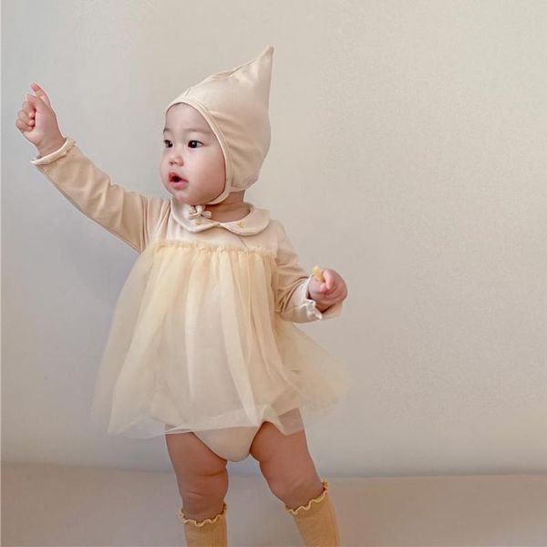 

spring new baby girls bodysuit clothes lace mesh tiered tutu cotton dress long sleeve patchwork jumpsuit hat casual outfits 210413, White