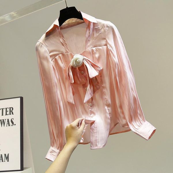 

women white blouse french retro bow brooch elegant mercerized silk fabrics shirt 2021 female pink blouses slim-fit women's & shirts