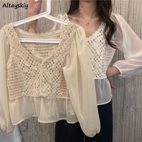 

women's blouses & shirts women chiffon patchwork design button hollow out long sleeve mujer all-match v-neck female ulzzang fashion, White