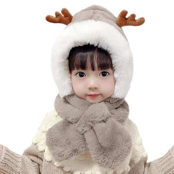 

caps & hats cute antler scarf one-piece hat furry sweet ear cap headband cold-proof combo for boy girl autumn and winter, Yellow