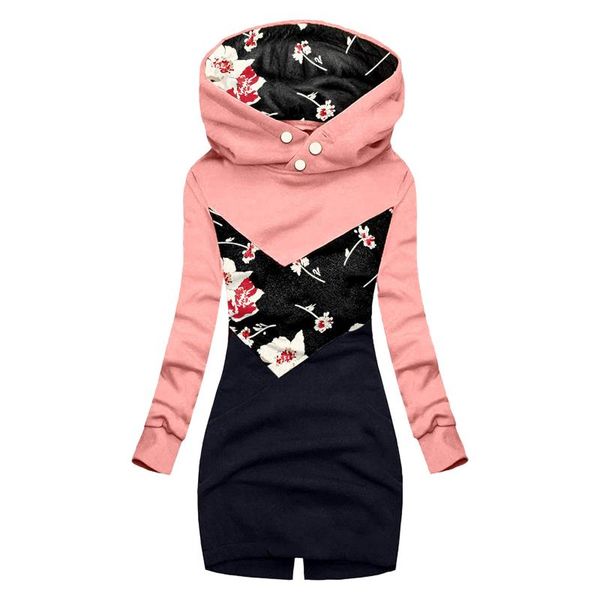 

women's hoodies & sweatshirts fashion sweatshirt hooded long-sleeved flower print long jacket coats loose oversized pullover, Black