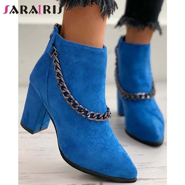 

boots sarairis ins ladies solid zipper pointed toe ankle women chain fashion elegant shoes woman, Black