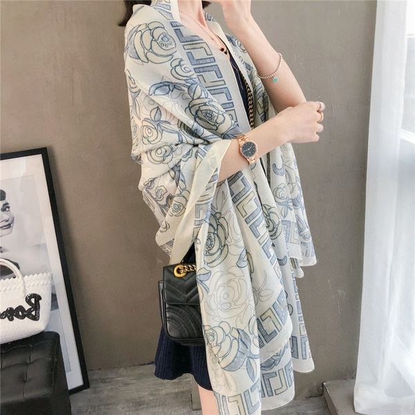 

2021 women's spring and summer lightweight scarf seaside vacation sunscreen gray blue shawl beautiful printing silky breathable shawl, Blue;gray