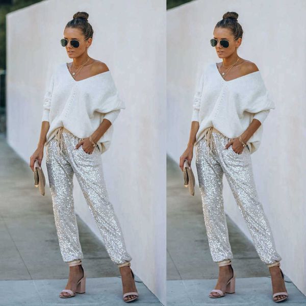 

thin casual dresses women's sequin loose spring and autumn mid waist commuting pants, Black;gray