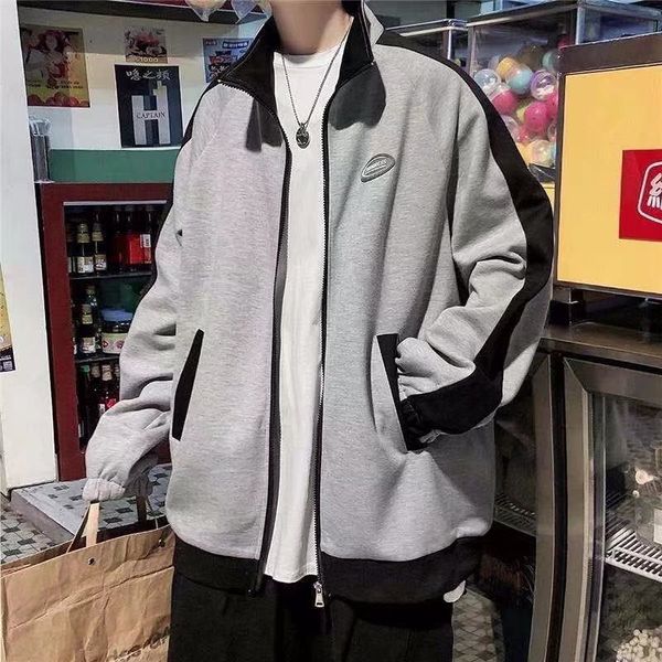 

mens sweater spring and autumn standing collar cardigan sweater men's thin loose fashion brand ruffian handsome ins trend sports jacket, Black