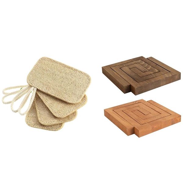 

mats & pads 4 pcs dishwashing scrub kitchen loofah sponge scourer 2 wooden trivet set,placemat coasters