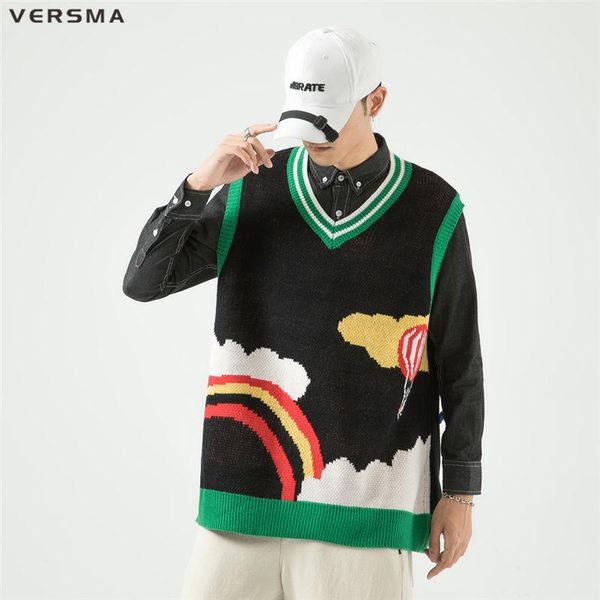 

rainbow sweater vest men's trend tide brand ins hong kong style loose plus fat size couple knit vests, Black;white