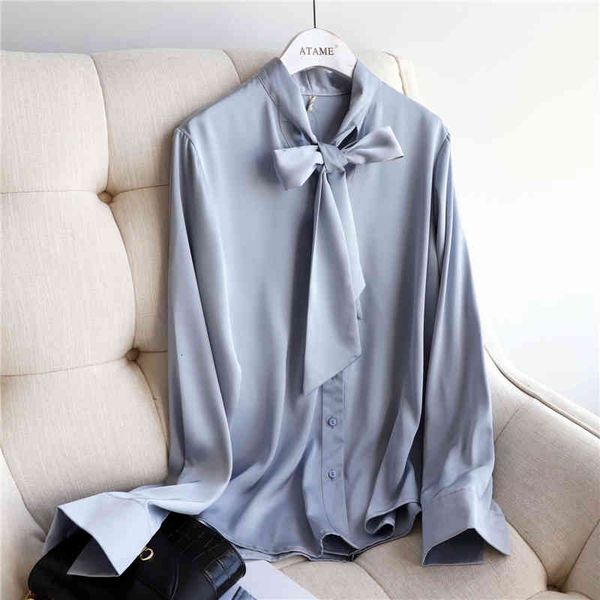 

women's blouses & shirts women satin blouse casual stand collar bandage long sleeve silky drooping straight elegant solid loos, White