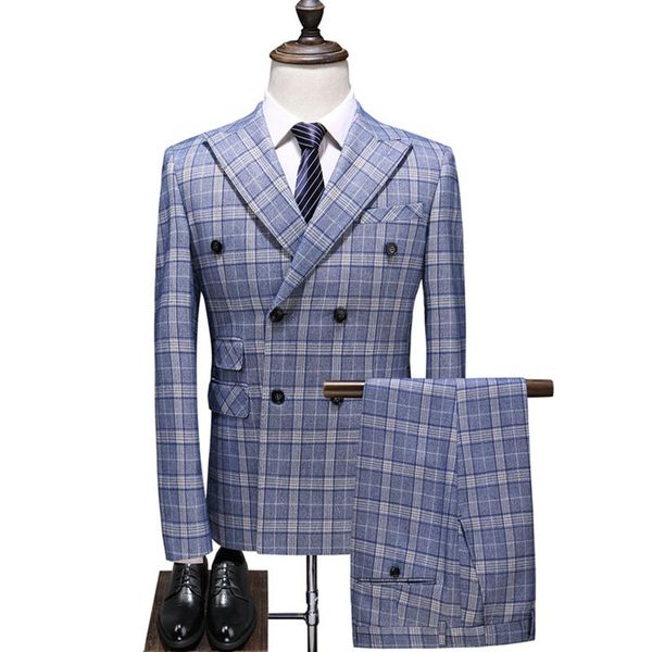 

double breasted plaid 3 piece suit men 2021 fashion summer autumn slim fit wedding suits for business blazers plus size men's, White;black