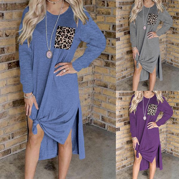 

autumn and winter selling leopard pocket split s long sleeved women, Black;gray